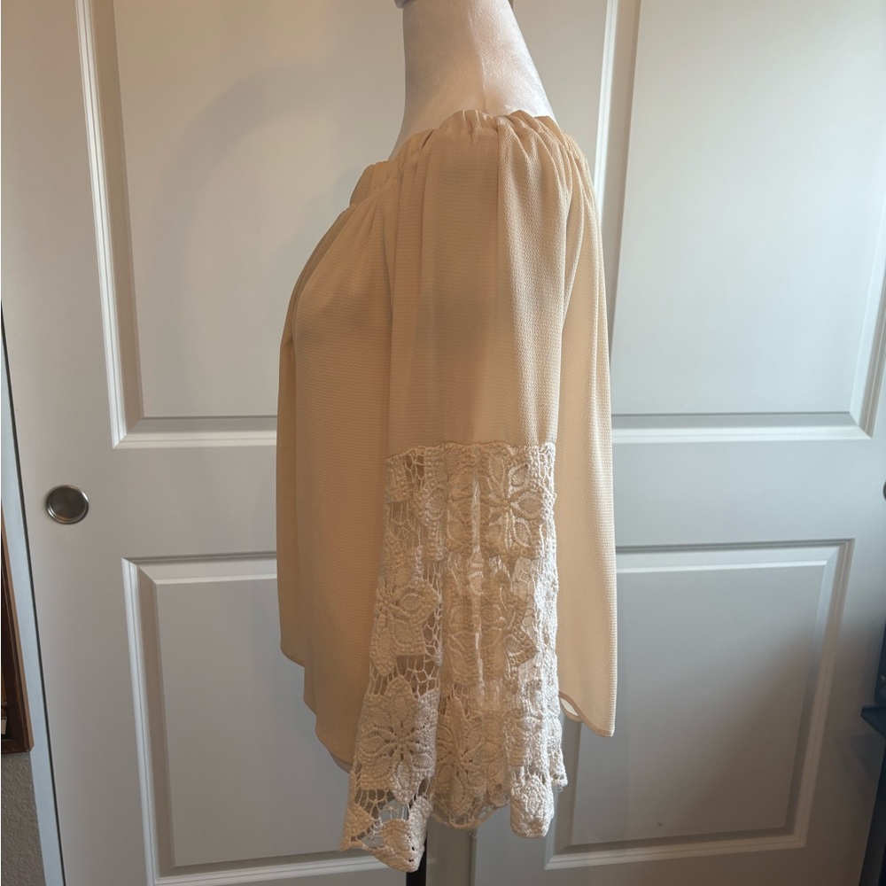 Ariella Beige Off-Shoulder Blouse with Lace Detail